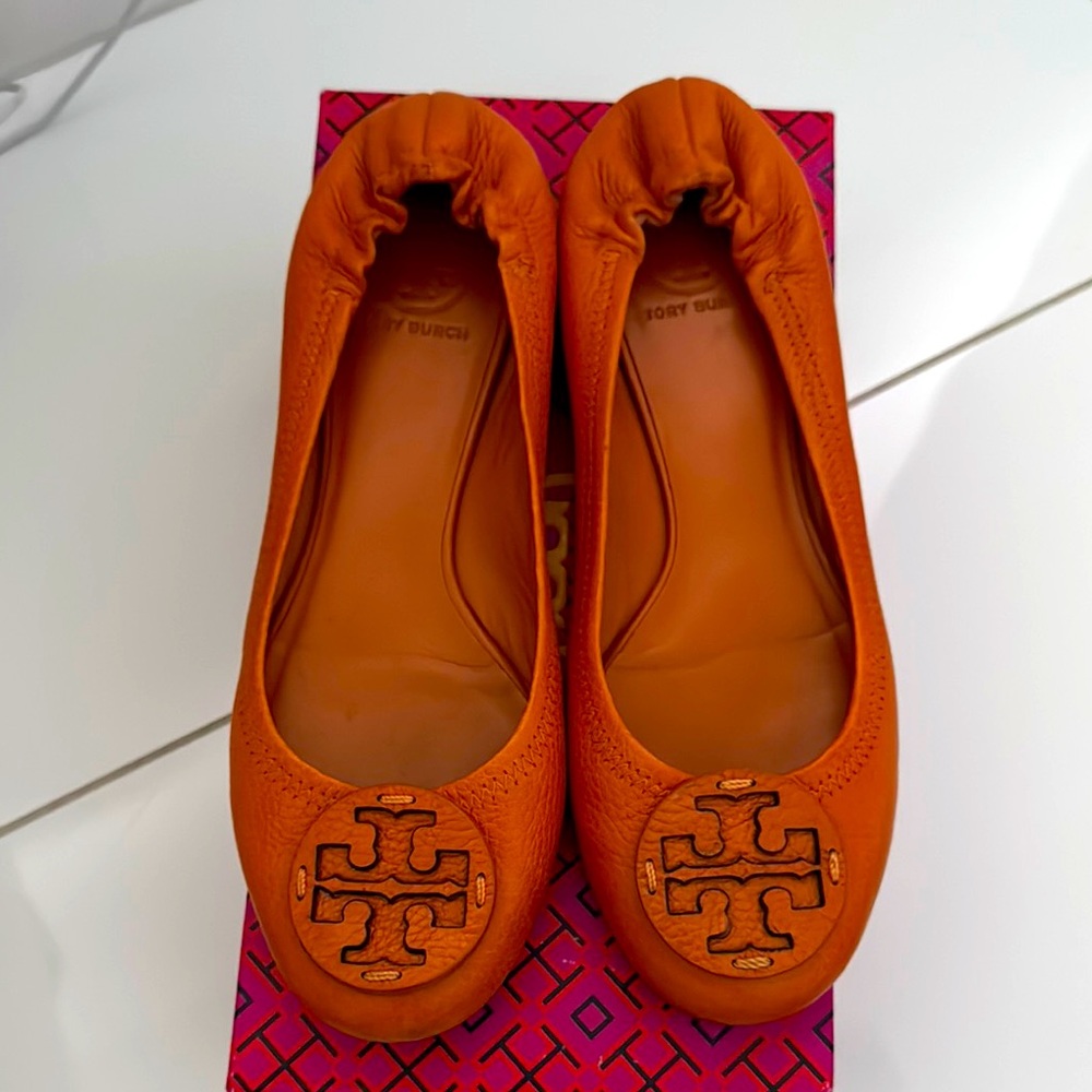 Tory Burch Orange Flats with Logo Medallion